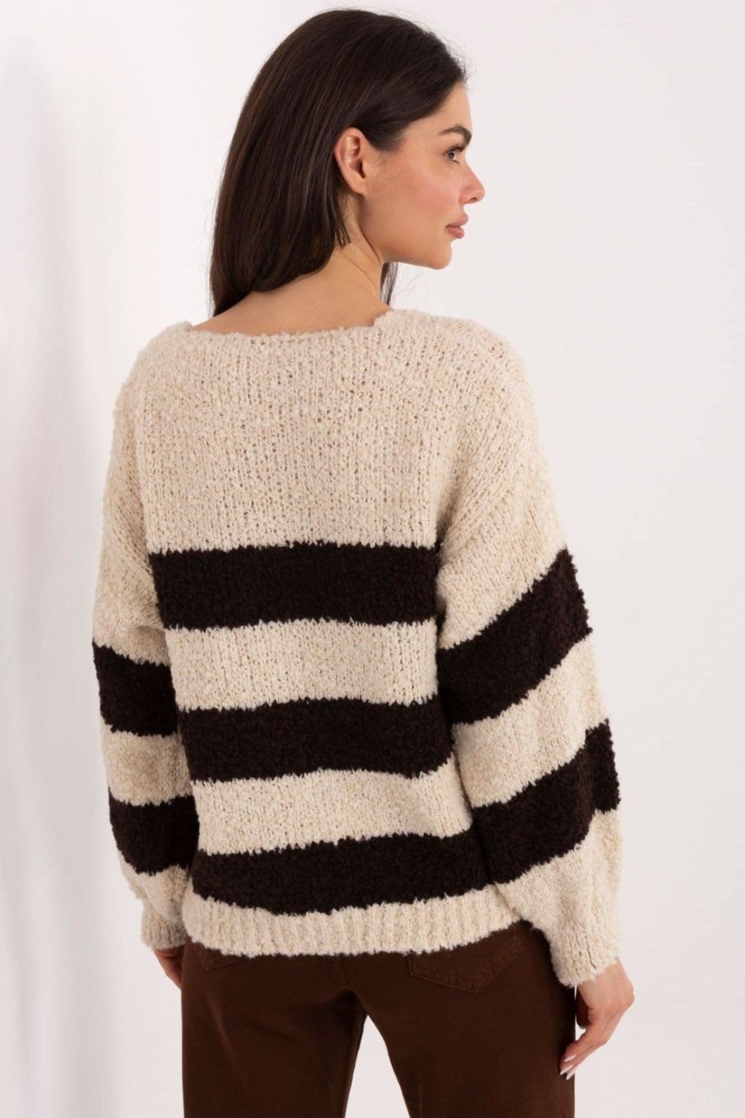 Love Lace Love Lace Women's Oversized Striped V Neck Sweater Style 221551 in Beige - 4