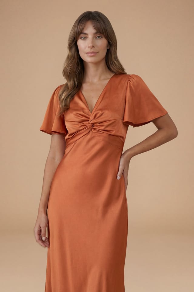 Oasis Oasis Women's Rust Satin Twist Front Angel Sleeve Midi Bridesmaid Dress - 2