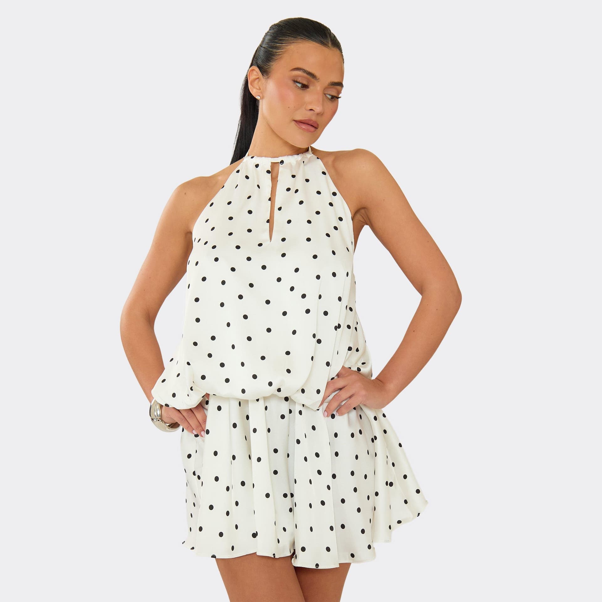 EGO Halterneck Key Hole Cut Out Mini Dress In White Polka Dot, Women's Size UK M/L