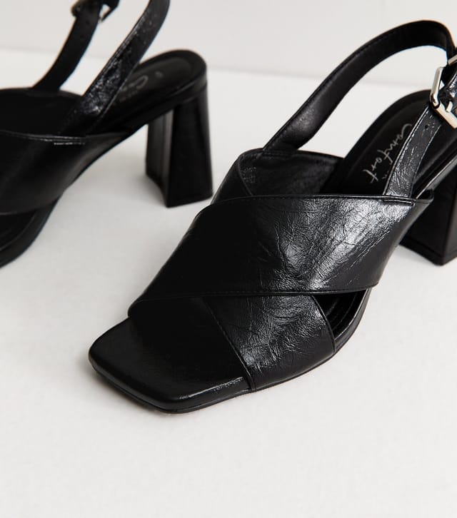 New Look Women's Black Faux Leather Cross Over Strap Block Heel Sandals Vegan New Look - 3