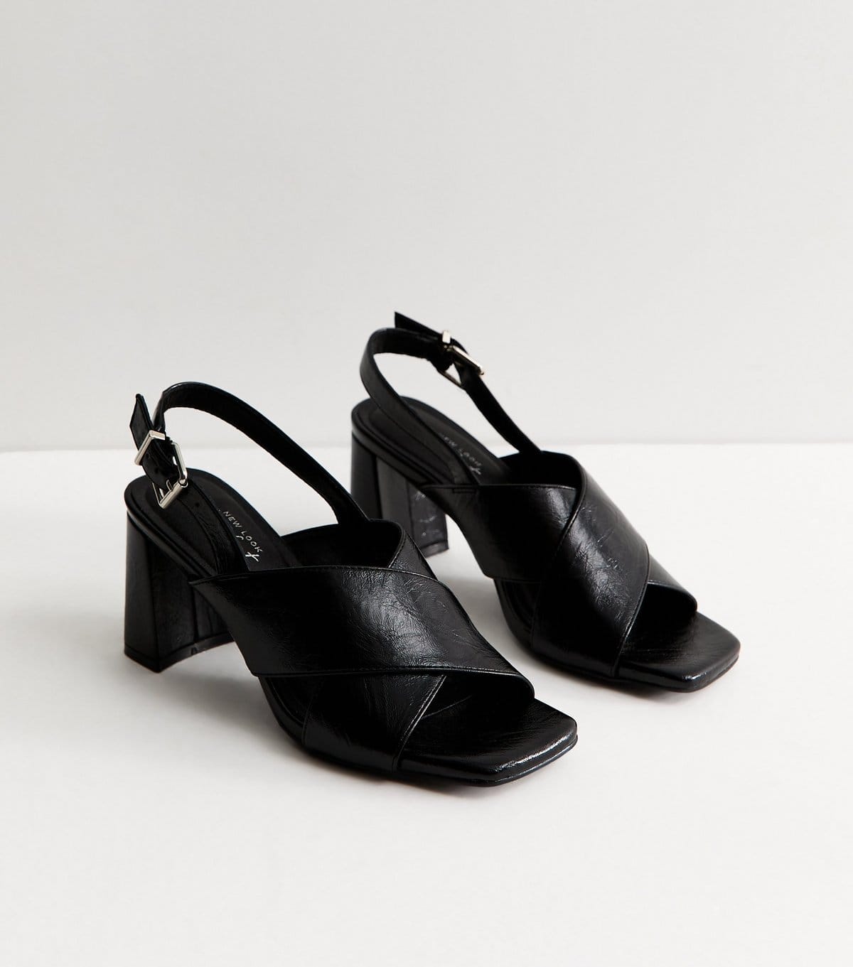 New Look Women's Black Faux Leather Cross Over Strap Block Heel Sandals Vegan New Look - 4
