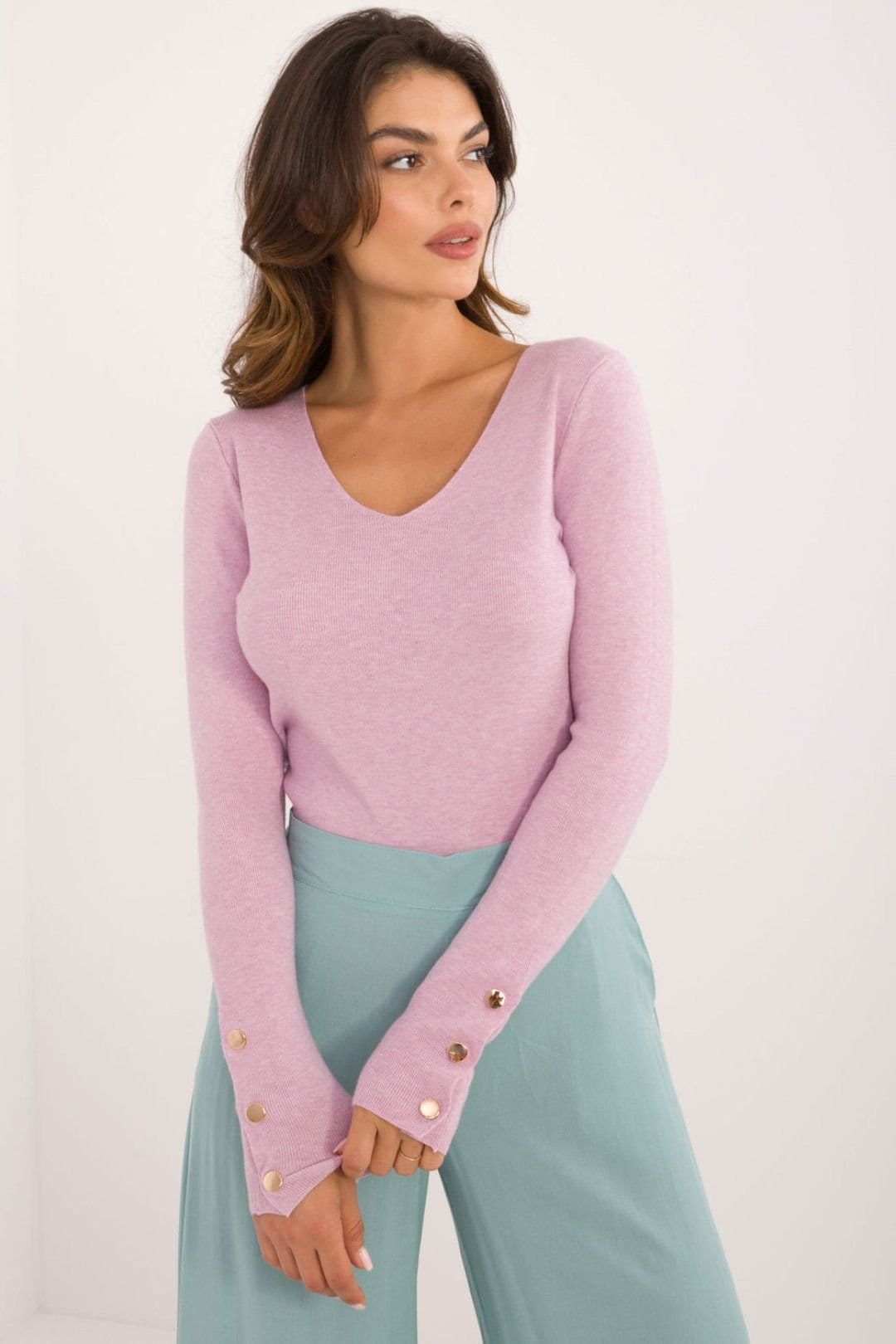 Love Lace Violet V-Neck Button Cuff Casual Work Sweater