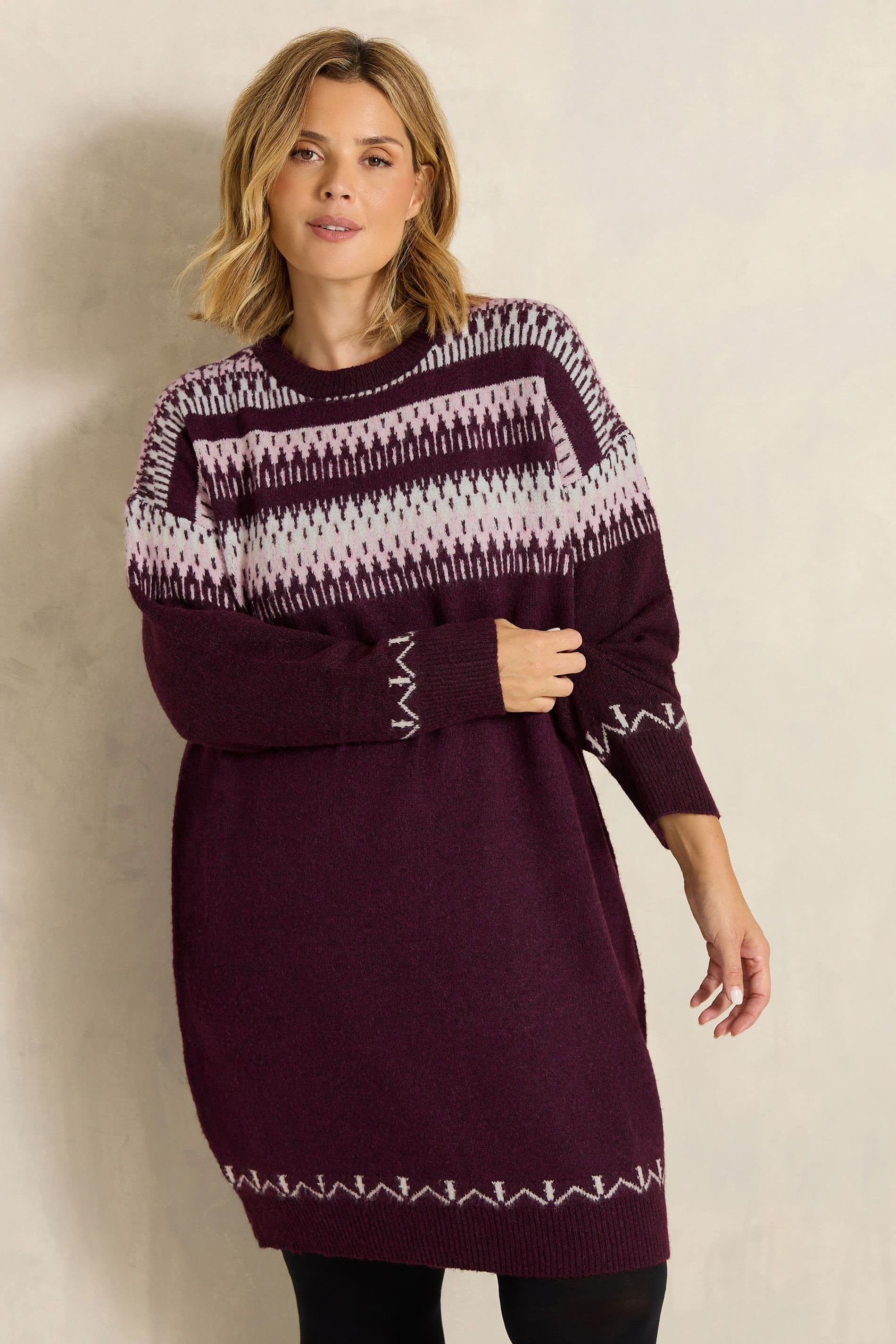 Evans Evans Women's Fairisle Jumper Dress in Burgundy
