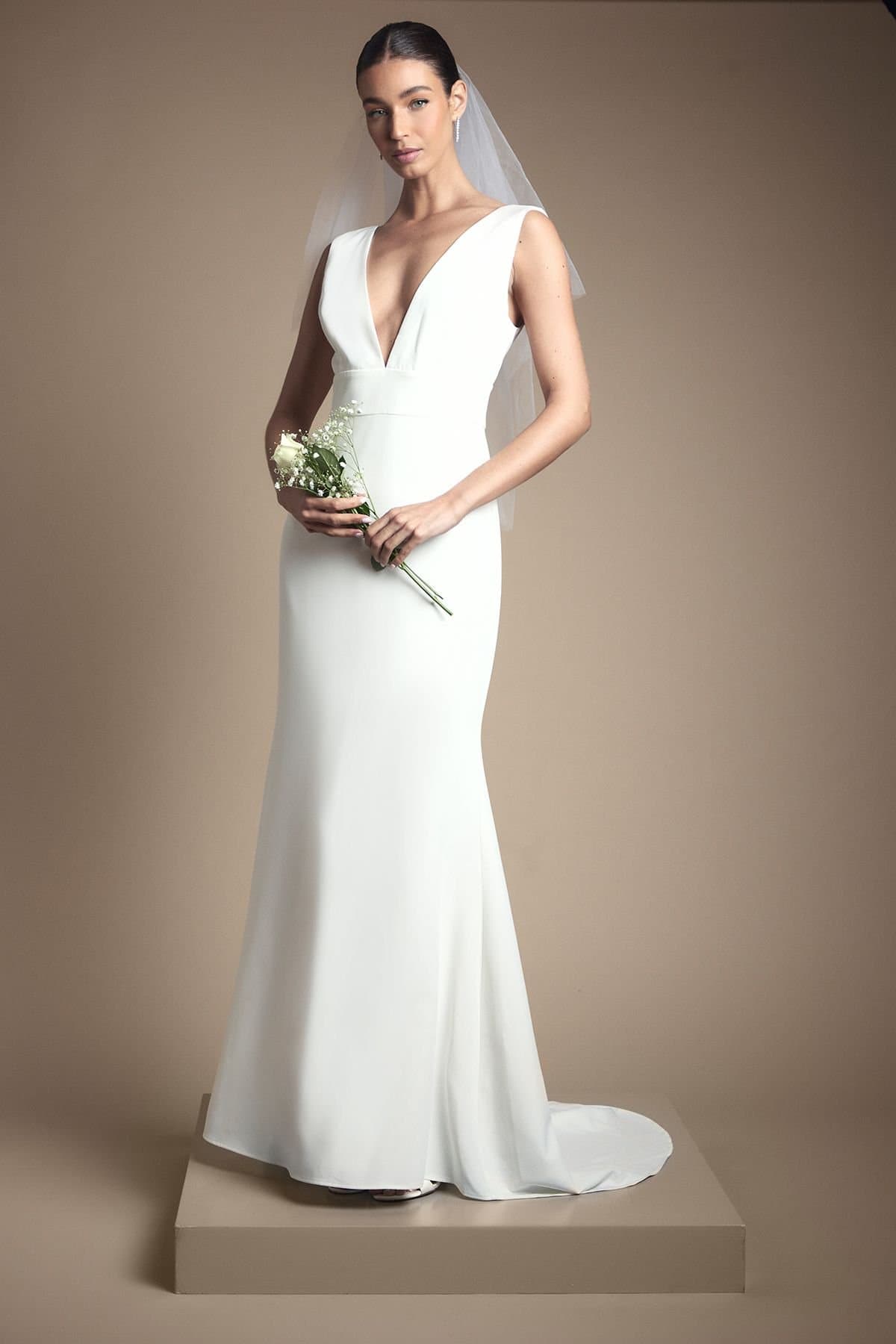 Coast Coast Women's Honoured Premium Crepe Plunge Neck Fishtail Wedding Dress in Ivory