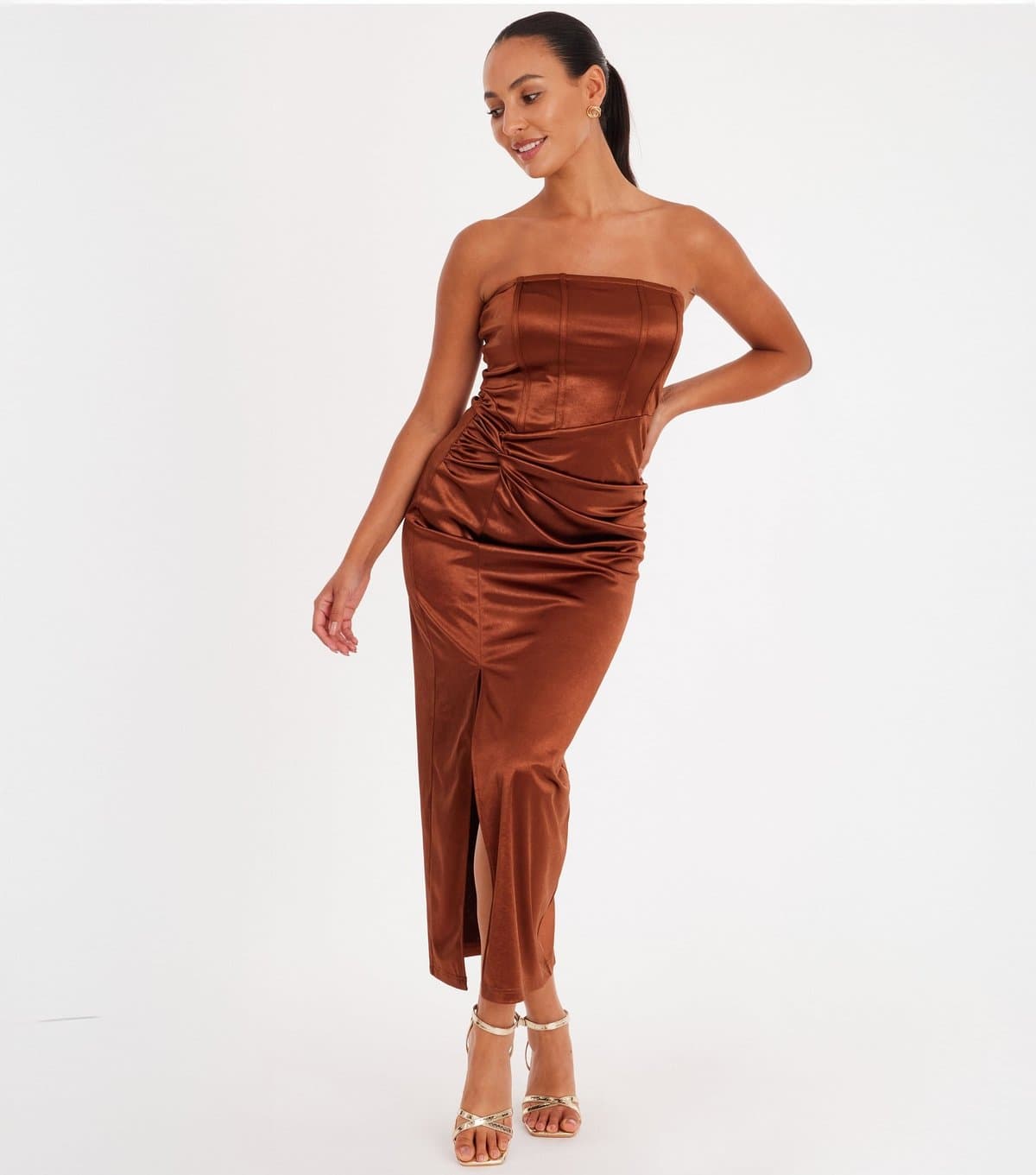 Quiz Women's Brown Satin Midaxi Dress Quiz New Look
