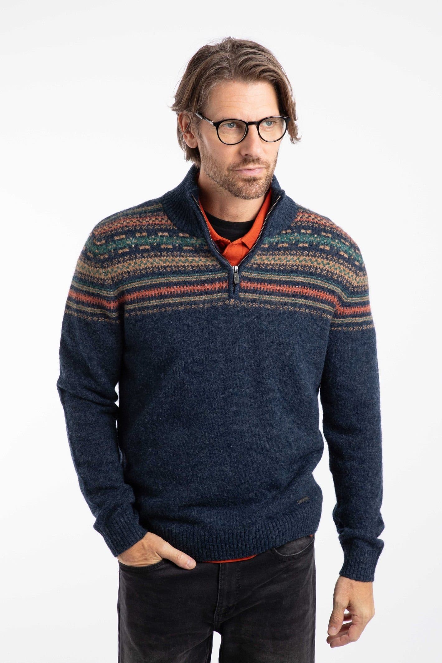 Weird Fish Weird Fish Men's Larner 1/4 Zip Fair Isle Jumper in Midnight