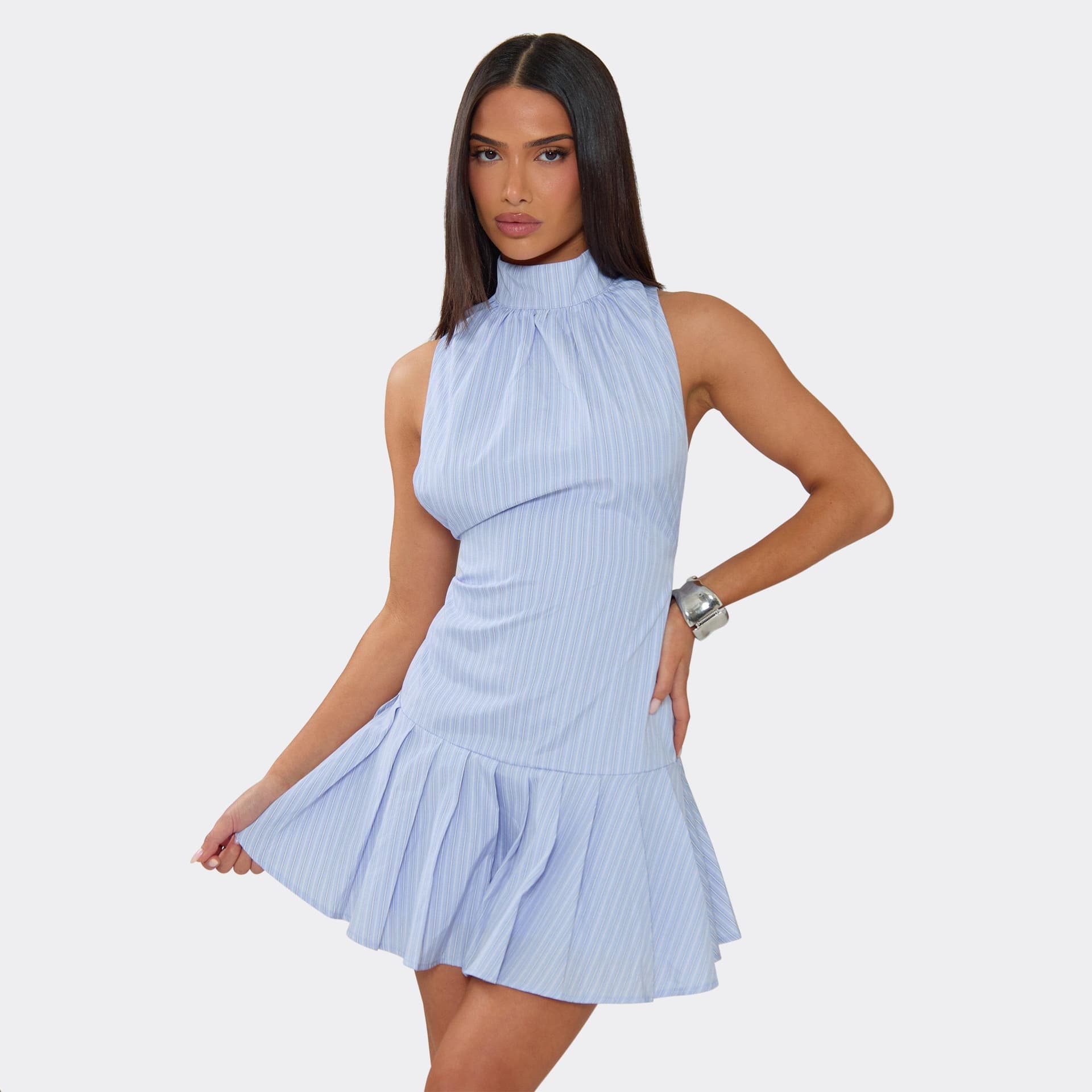 EGO High Neck Pleated Hem Mini Dress In Blue Stripe, Women's Size UK 6