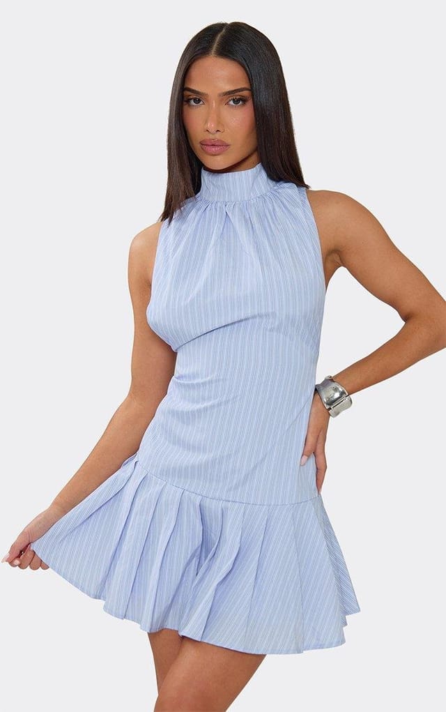 EGO High Neck Pleated Hem Mini Dress In Blue Stripe, Women's Size UK 6 - 2