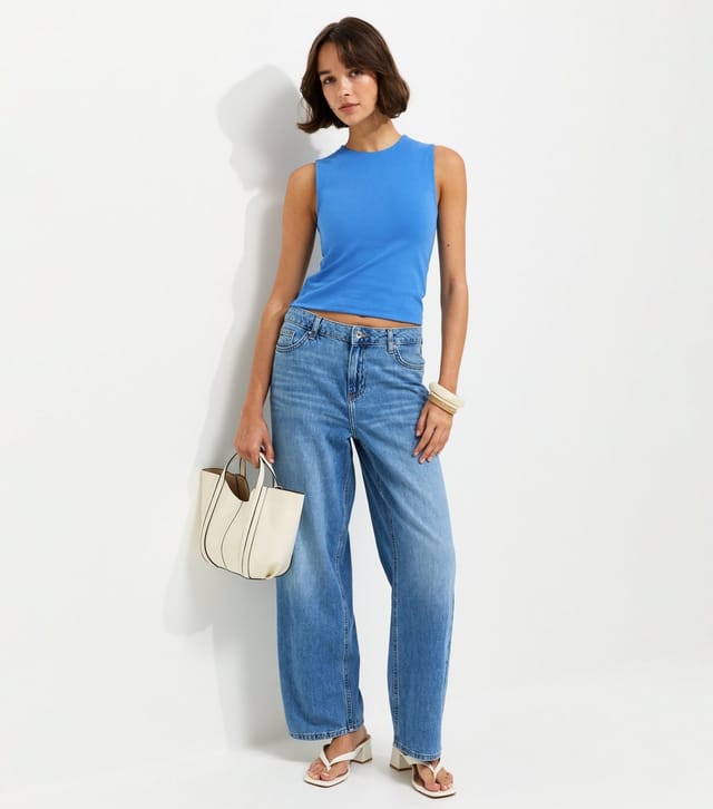 New Look Women's Bright Blue Cotton Rich Cropped Sleeveless Tank Top New Look - 3