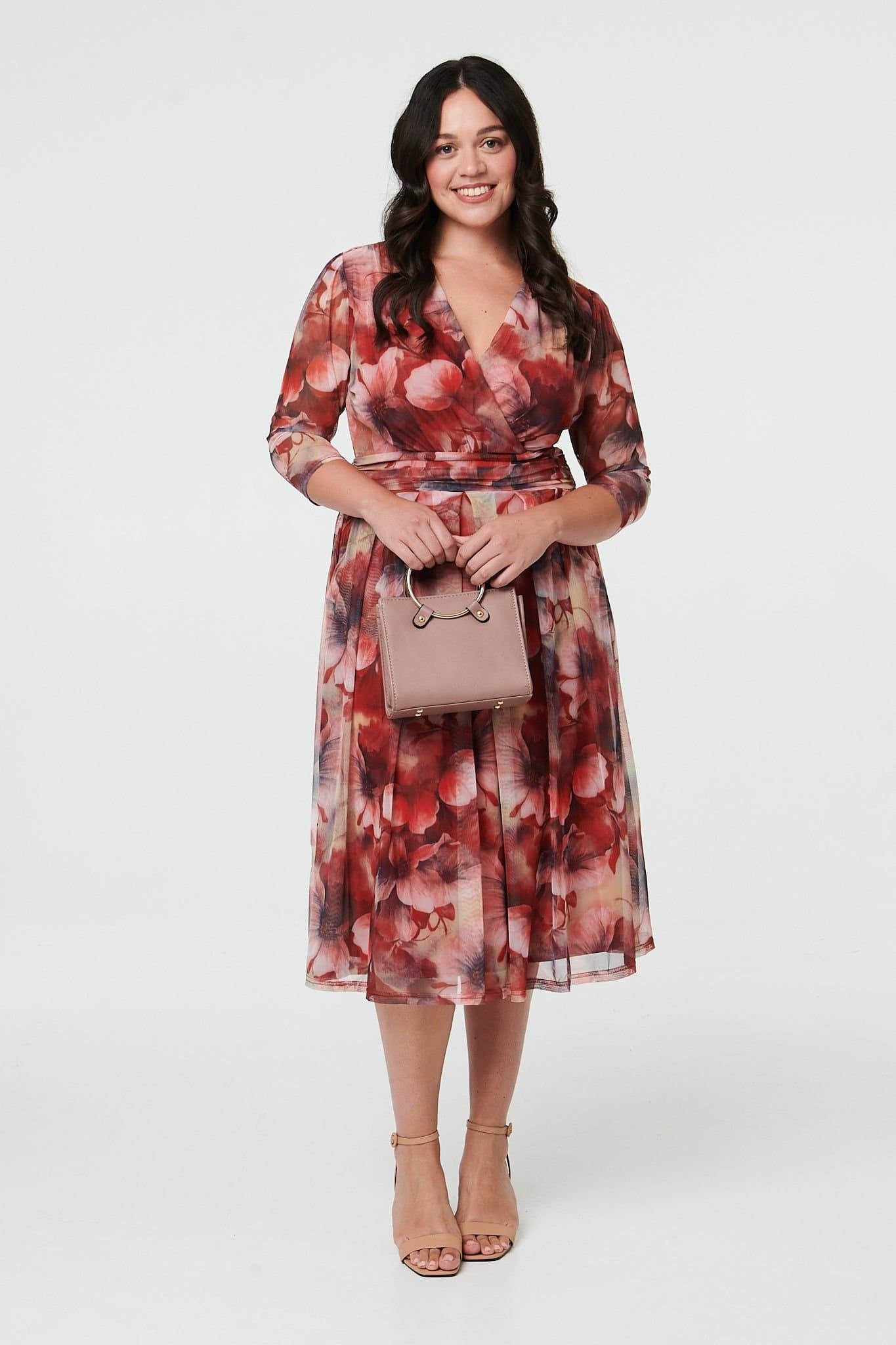 Izabel London Izabel London Women's Curve Floral 3/4 Sleeve Midi Wrap Dress in Red