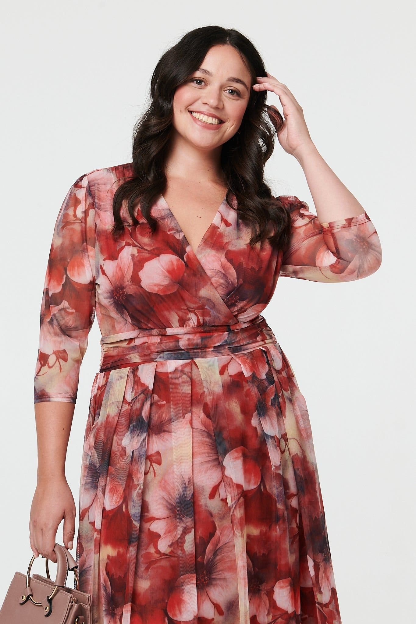 Izabel London Izabel London Women's Curve Floral 3/4 Sleeve Midi Wrap Dress in Red - 4