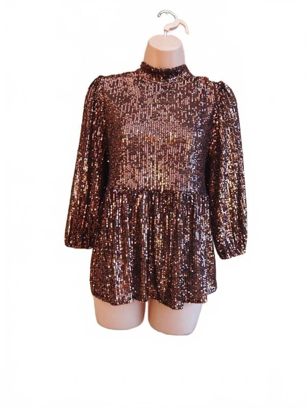 New Look New look brown sequin beaded long sleeve high neck party top blouse 12 m