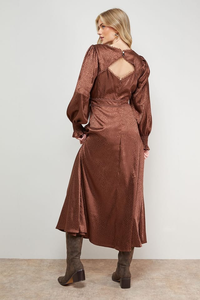 Oasis Oasis Women's Jacquard Satin Midi Dress in Chocolate - 3