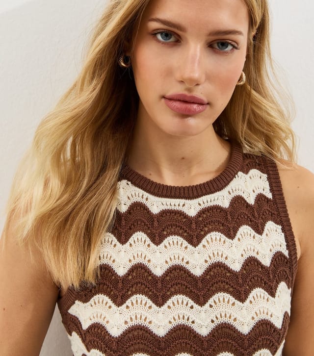 New Look Women's Brown Cotton Rich Knit Sleeveless Zig Zag Beach Maxi Dress New Look - 2