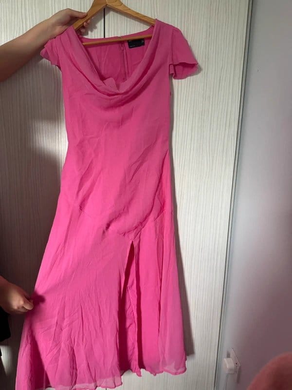 ASOS Pink Chiffon Cowl Neck Midi Dress with Puff Sleeves