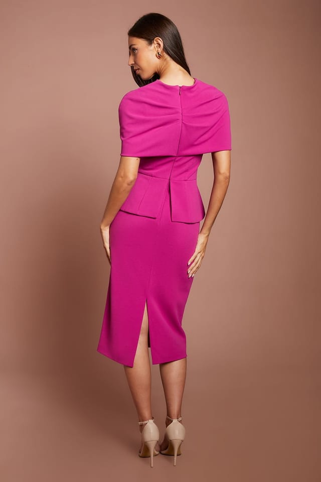 Coast Coast Women's Twist Front Cape Sleeve Pencil Midi Dress With Peplum in Fuchsia - 3