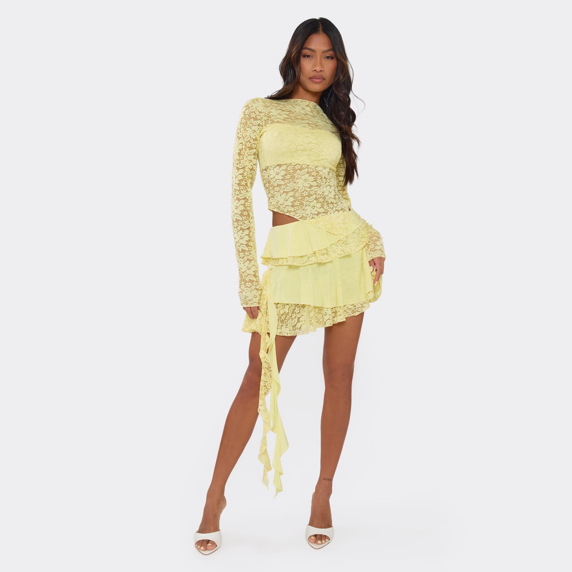 EGO Mid Waist Asymmetric Frill Mini Skirt In Yellow Slinky Lace, Women's Size UK 6