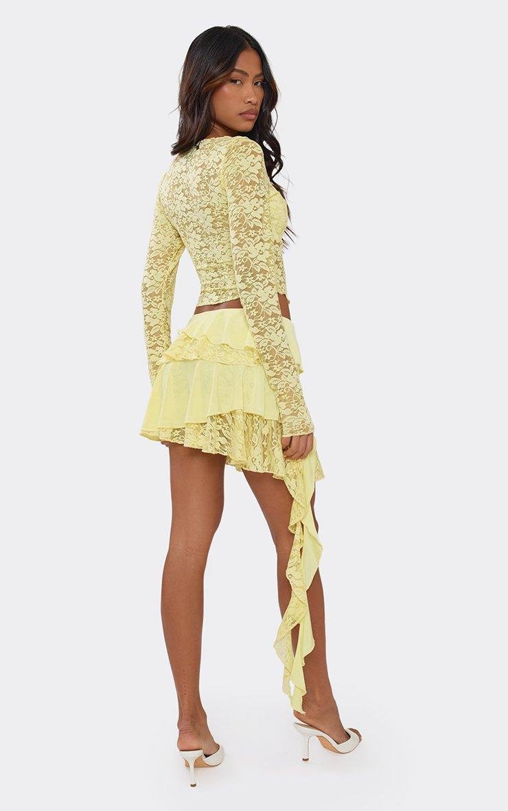 EGO Mid Waist Asymmetric Frill Mini Skirt In Yellow Slinky Lace, Women's Size UK 6 - 2