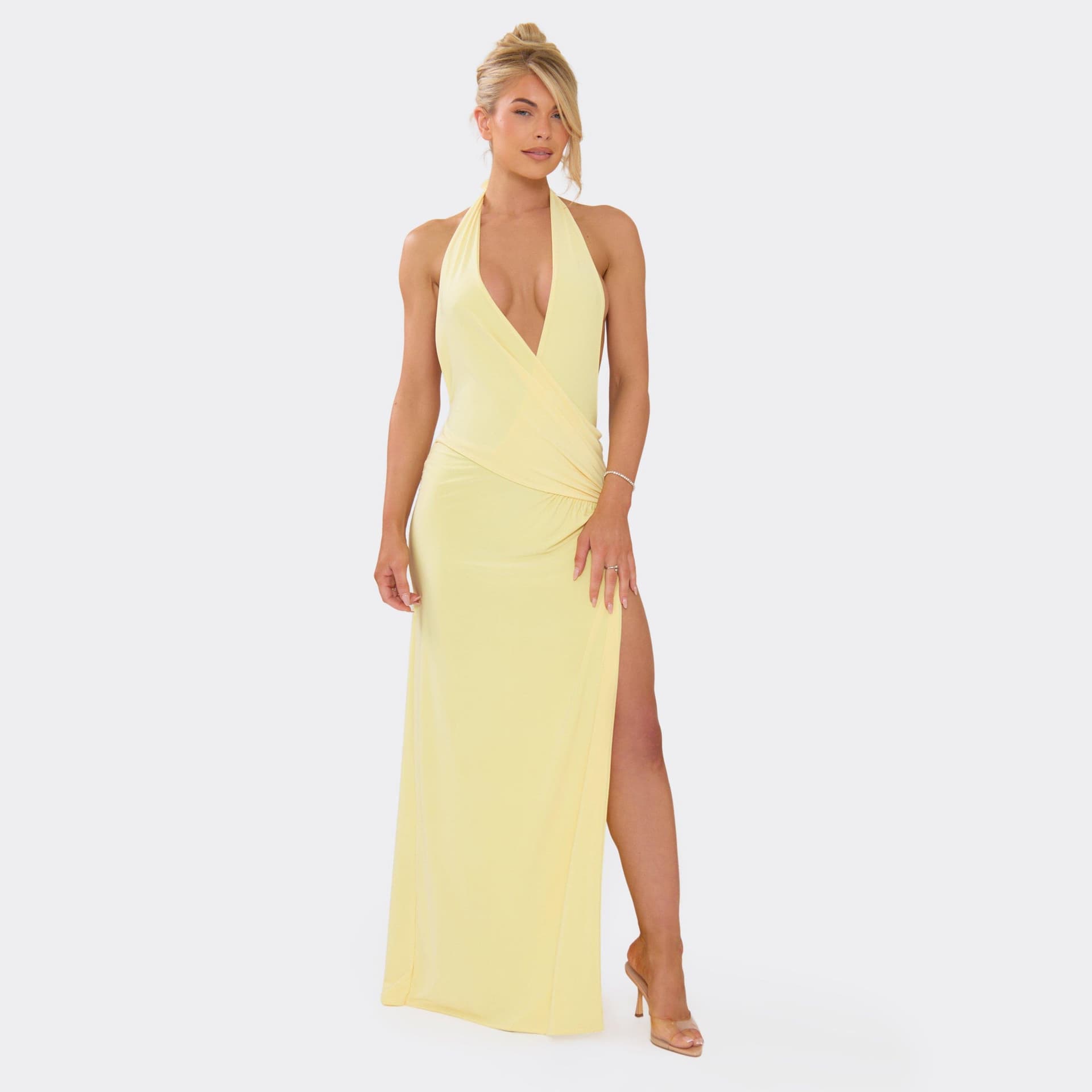 EGO Halterneck Plunge Front Drape Side Split Maxi Dress In Lemon, Women's Size UK 6