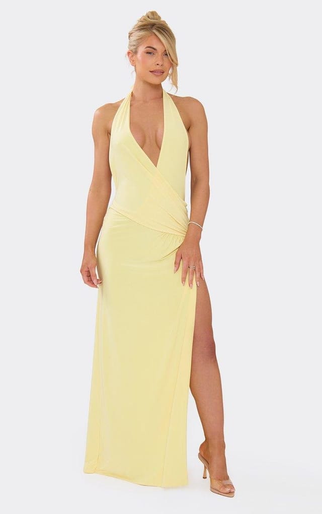 EGO Halterneck Plunge Front Drape Side Split Maxi Dress In Lemon, Women's Size UK 6 - 2