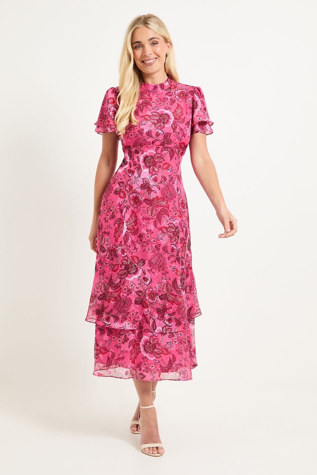 Wallis Wallis Women's Petite Paisley Burn Out Ruffle Midi Dress in Pink