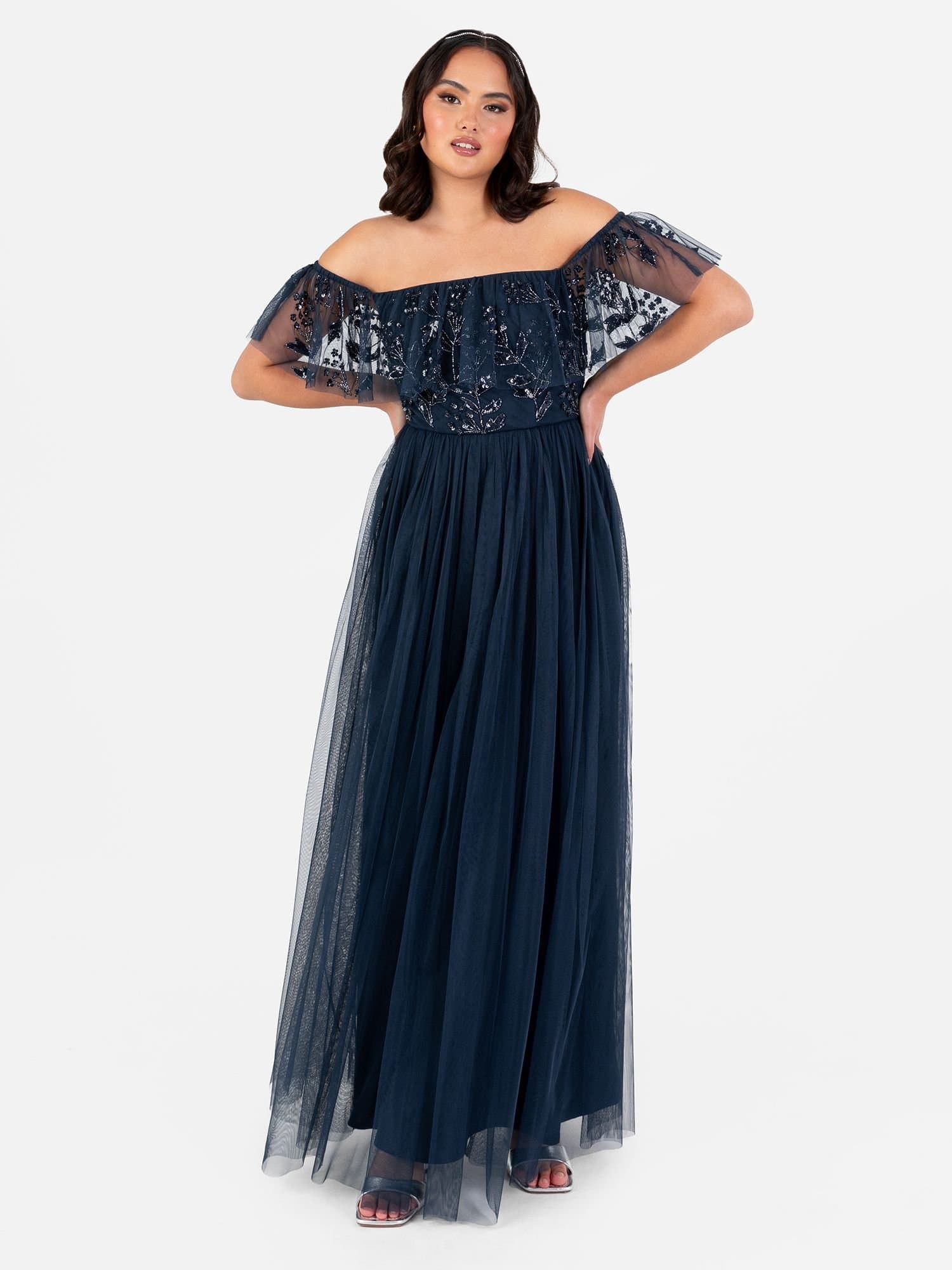 Maya Deluxe Maya Deluxe Women's Floral Embellished Bardot Maxi Dress in Dark Navy