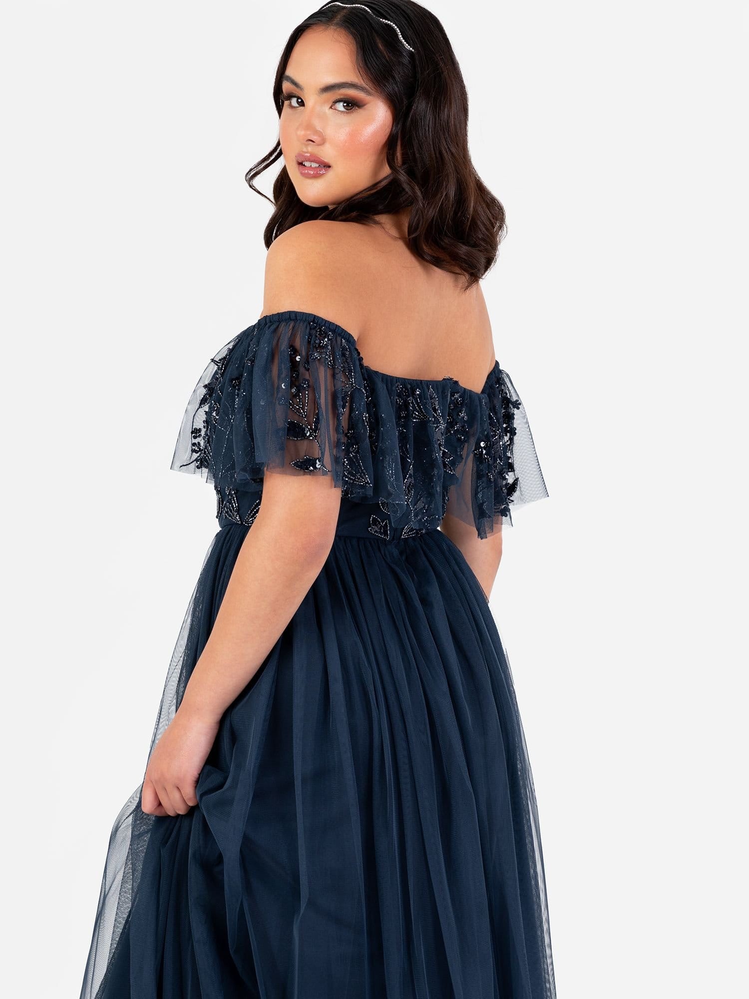 Maya Deluxe Maya Deluxe Women's Floral Embellished Bardot Maxi Dress in Dark Navy - 4