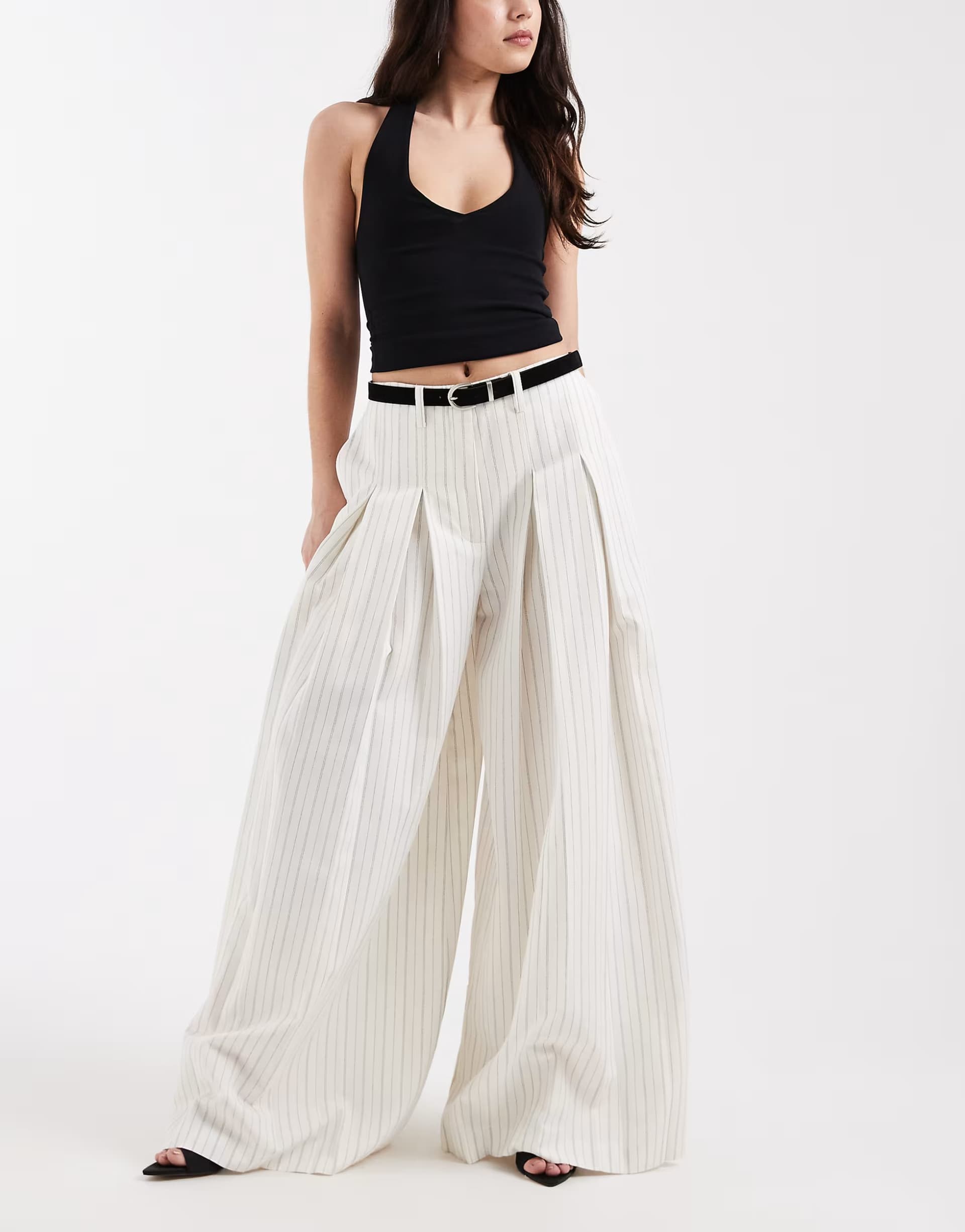 ASOS ASOS DESIGN tailored belted palazzo trousers with linen in ecru stripe 