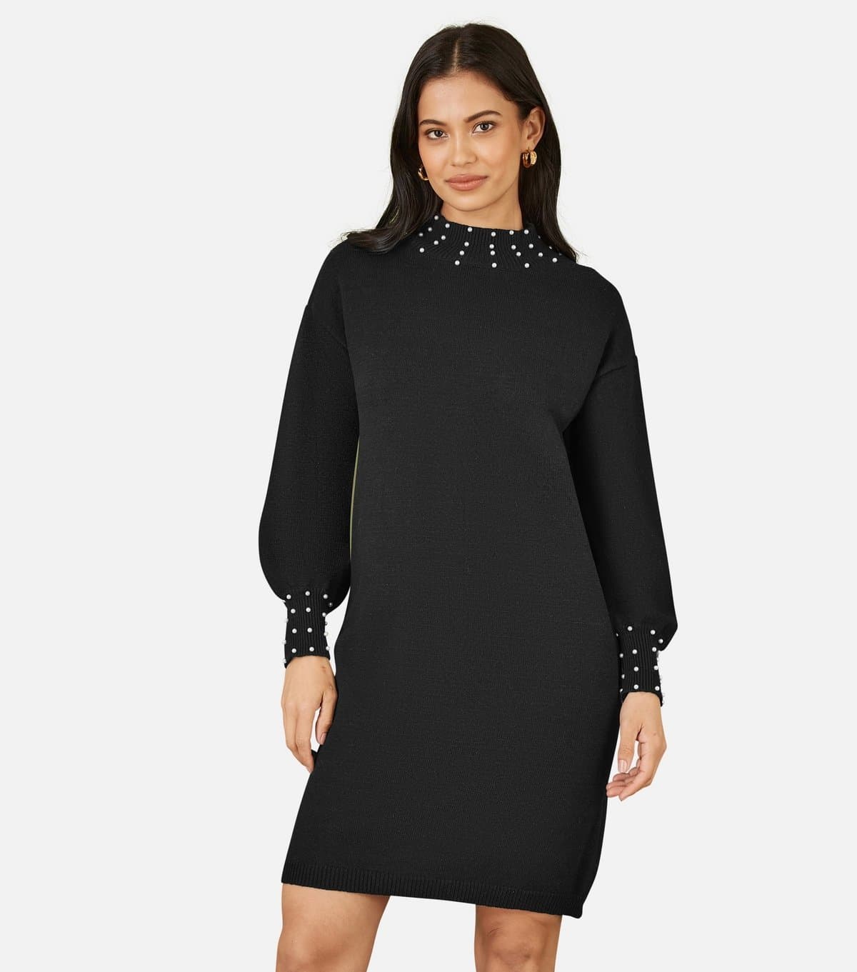 Yumi Women's Black Faux Pearl Necklace Knit Dress Yumi New Look