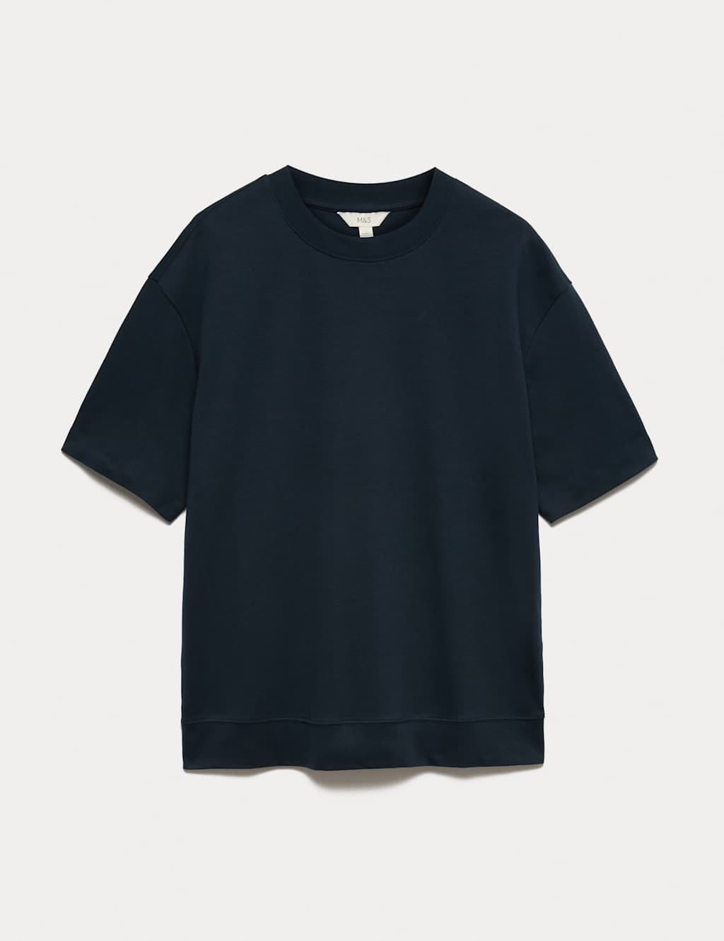 Marks & Spencer M&S Cotton Rich Crew Neck T-Shirt with Lyocell Navy - 1