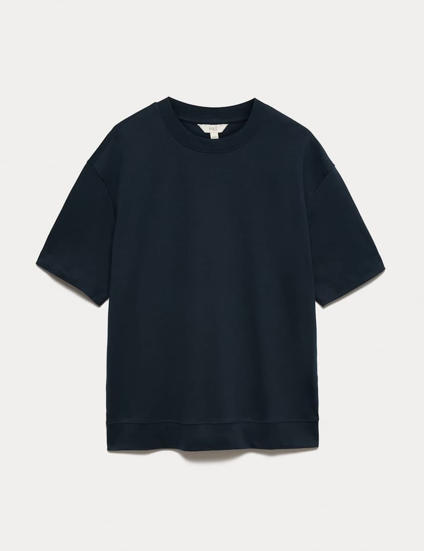 Marks & Spencer M&S Cotton Rich Crew Neck T-Shirt with Lyocell Navy - 1