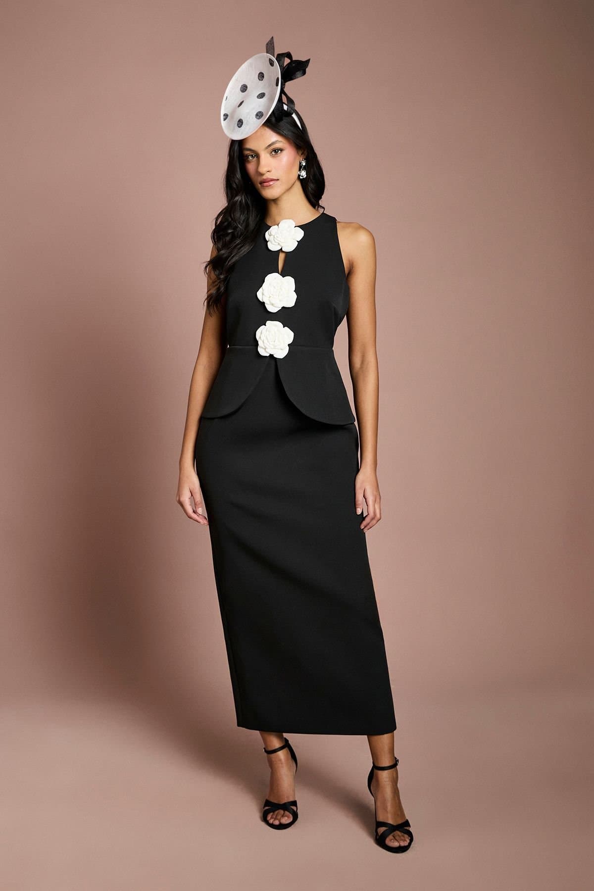 Coast Coast Women's Petite Lisa Tan Crepe Rosette Detail Peplum Pencil Dress in Mono