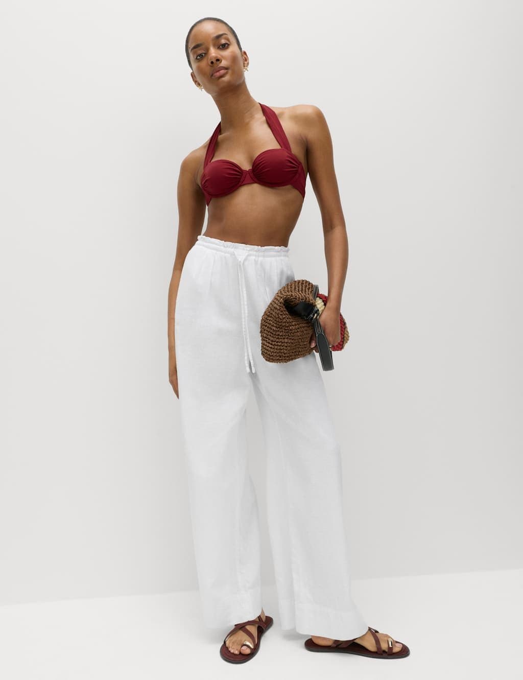 Marks & Spencer M&S Linen Rich Drawstring Wide Leg Trousers White
