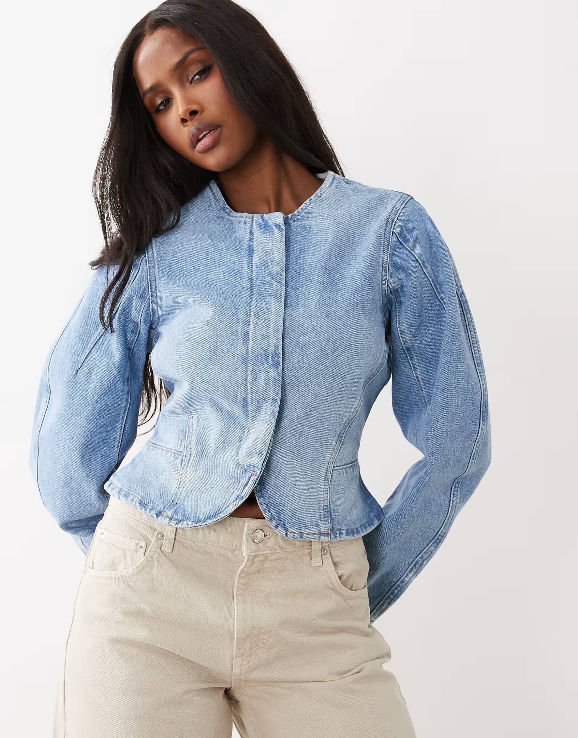 ASOS ASOS DESIGN denim cinched barrel sleeve jacket co ord in mid blue