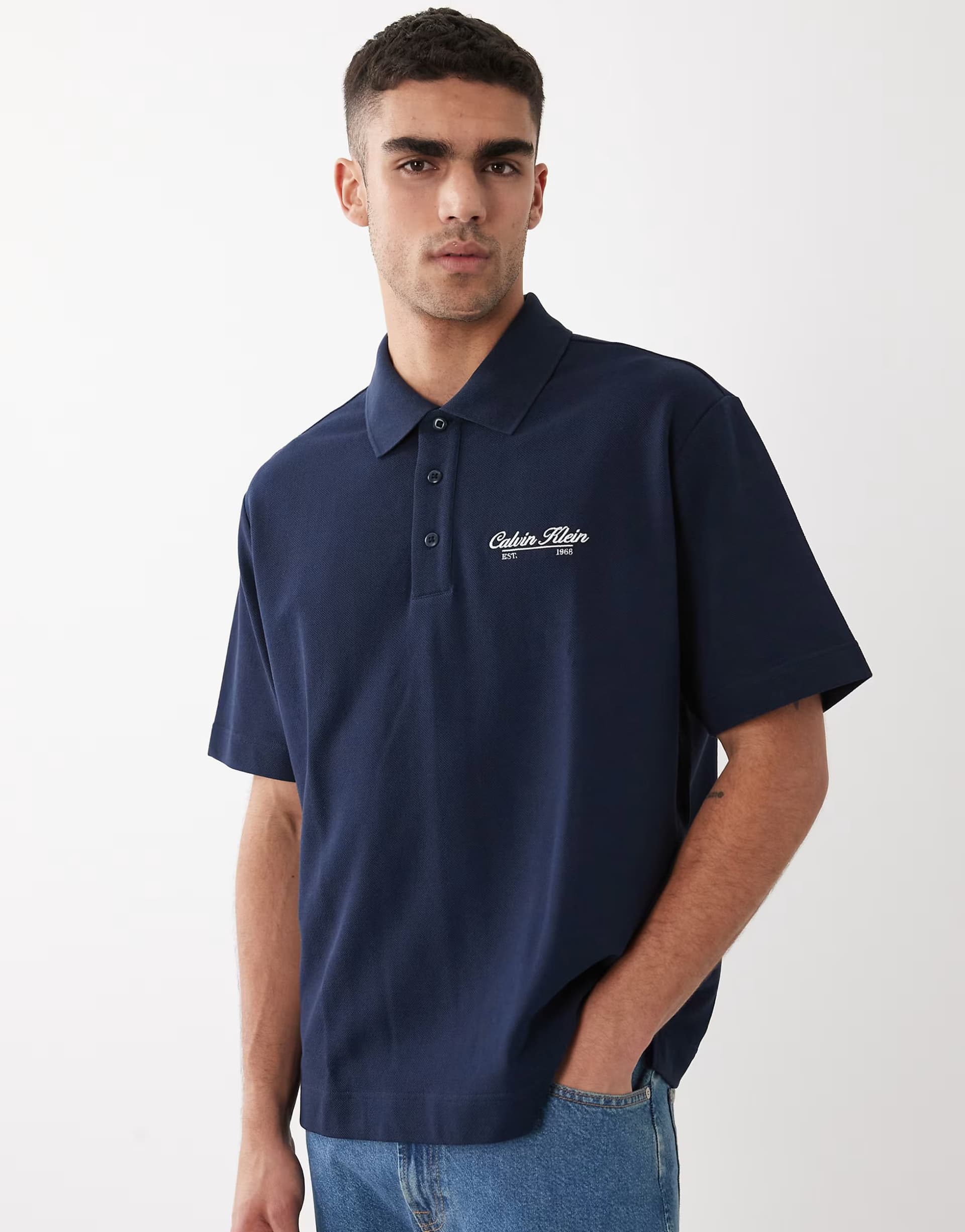 ASOS Calvin Klein Jeans monogram pique polo shirt in dark blue