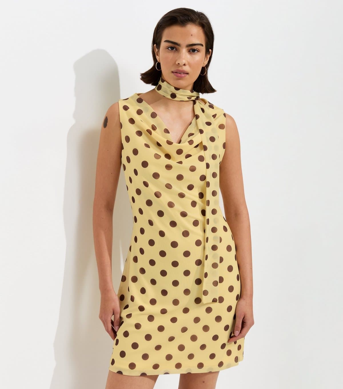 New Look Women's Yellow Polka Dot Cowl Neck Mesh Mini Dress New Look