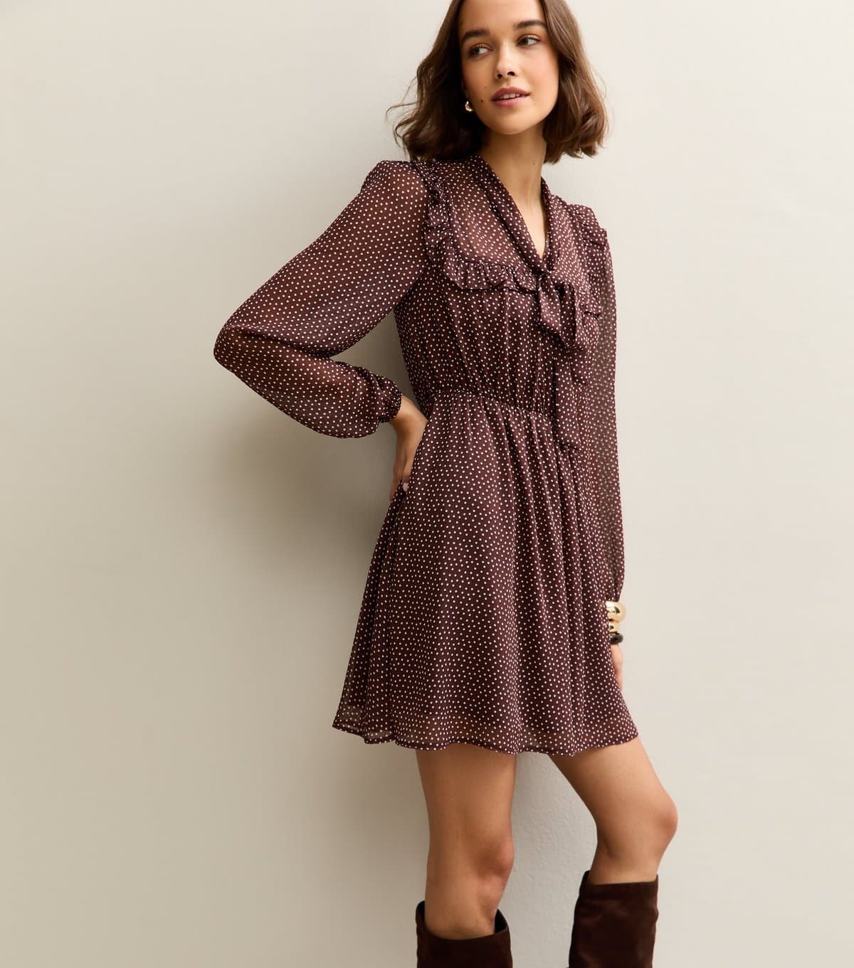 New Look Women's Brown Chiffon Polka Dot Mini Dress New Look
