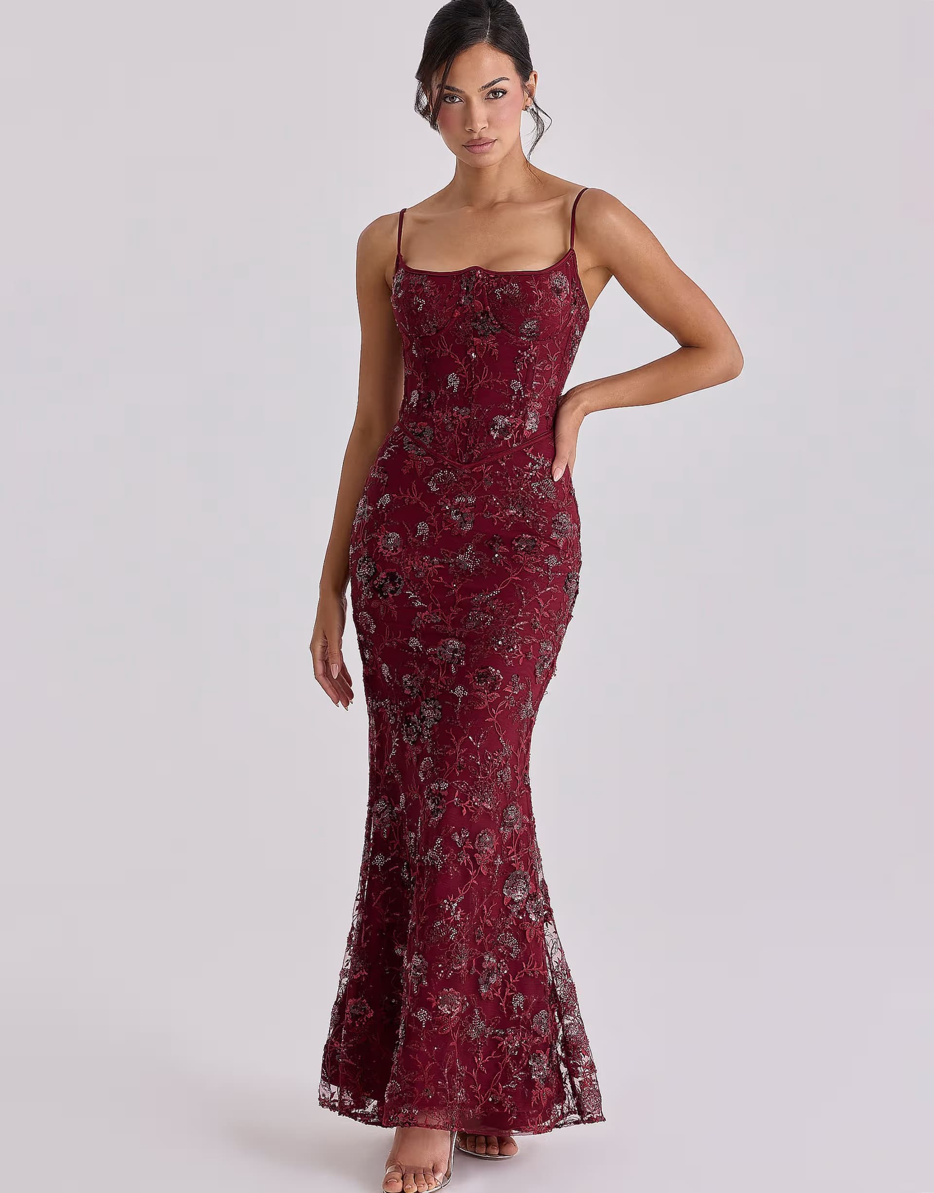 ASOS House of CB Naima wine hand beaded embellished corset maxi dress in wine