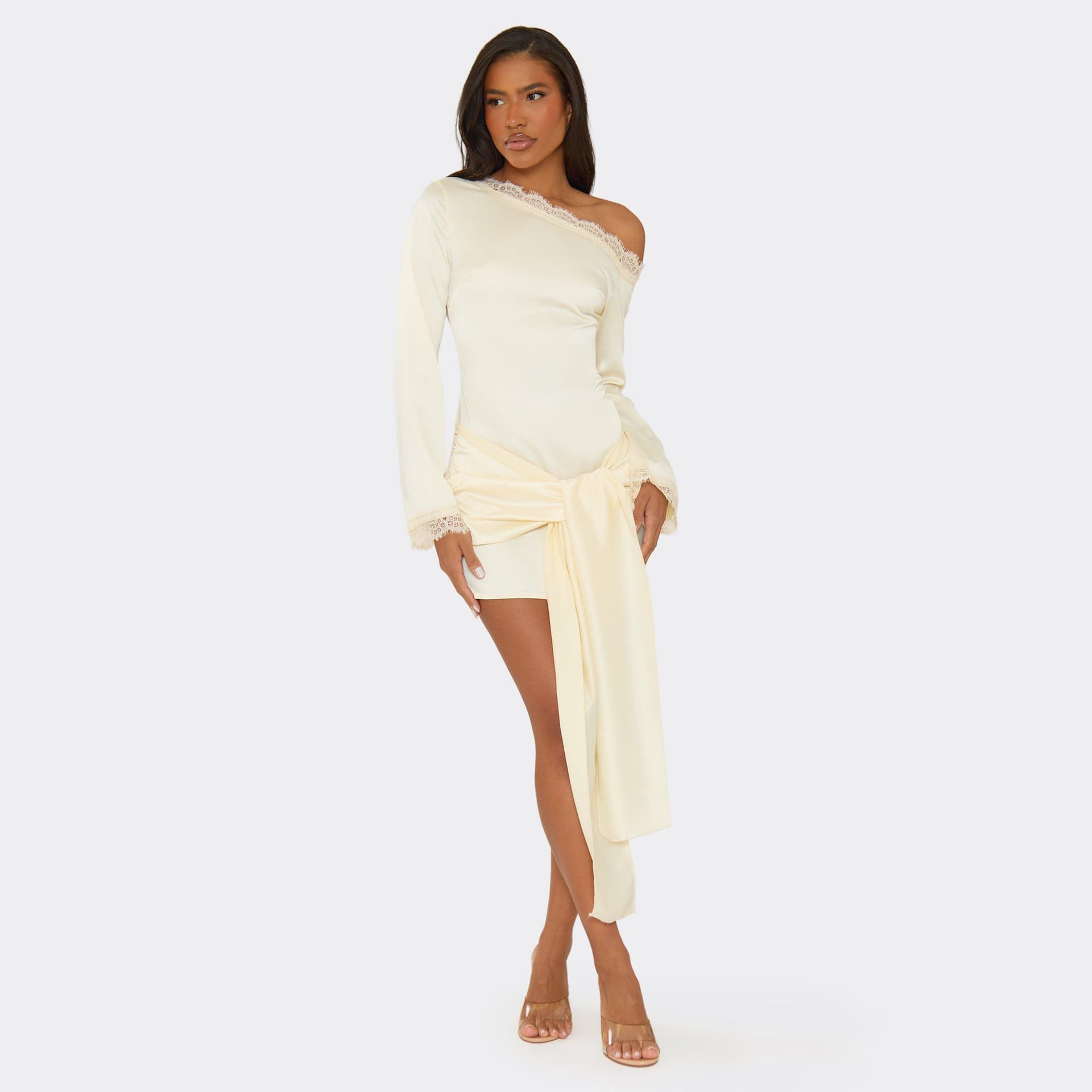 EGO Off The Shoulder Lace Trim Drape Front Mini Dress In Cream, Women's Size UK 6