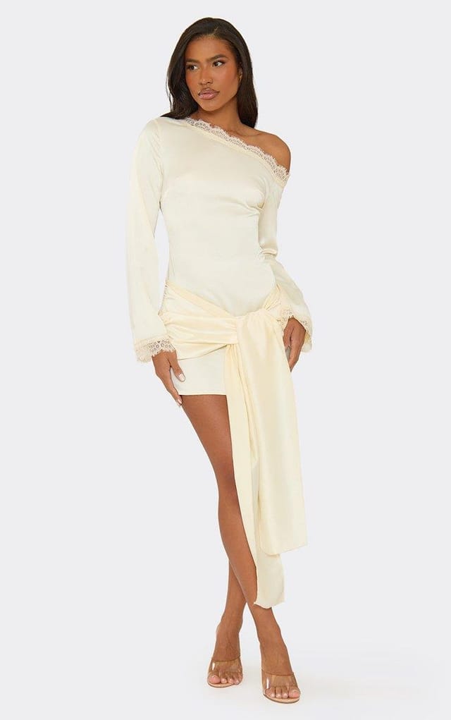 EGO Off The Shoulder Lace Trim Drape Front Mini Dress In Cream, Women's Size UK 6 - 2