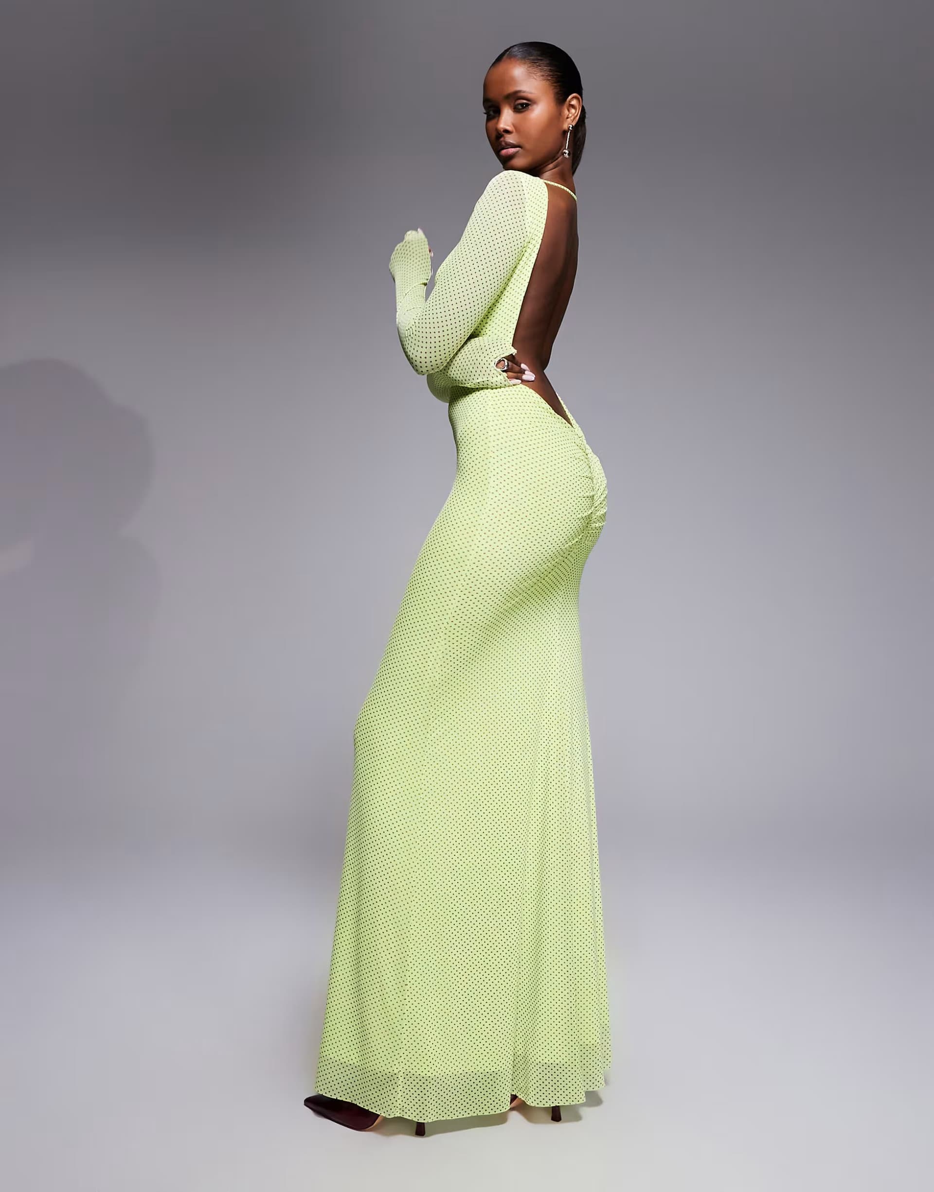 ASOS AFRM Talmo long sleeve boatneck maxi dress with open back detail in citrus pin dot