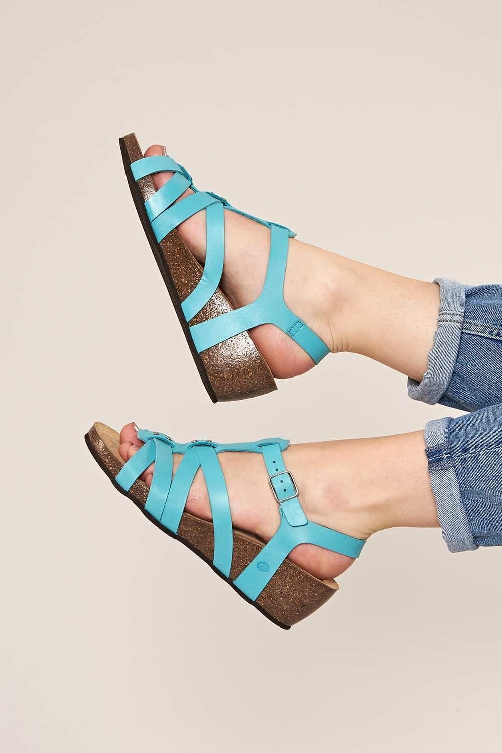 Moshulu Moshulu Bright Blue Strappy Cork Wedge Sandals