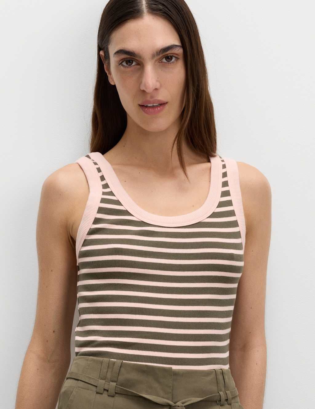 Marks & Spencer M&S Cotton Rich Ribbed Slim Fit Vest Top Peach Mix