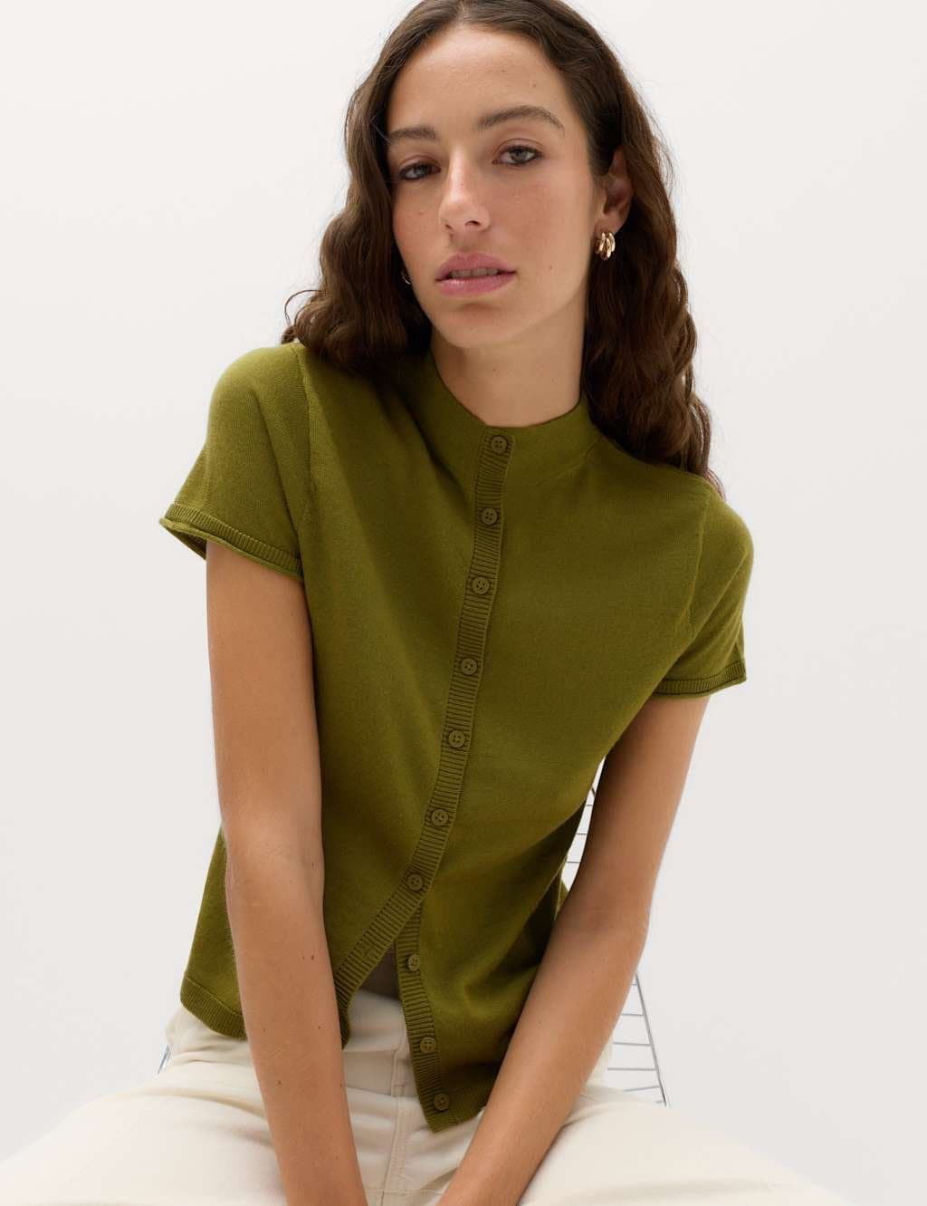 Marks & Spencer M&S Pure Merino Wool Short Sleeve Cardigan Moss