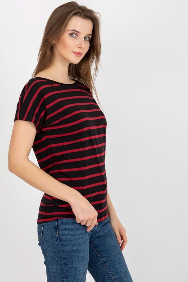 Love Lace Love Lace Women's Striped Short Sleeve T-Shirt with V Back in Black - 2