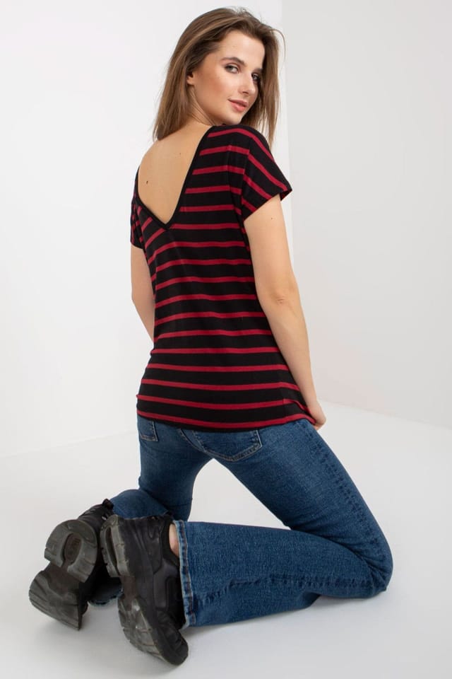 Love Lace Love Lace Women's Striped Short Sleeve T-Shirt with V Back in Black - 3