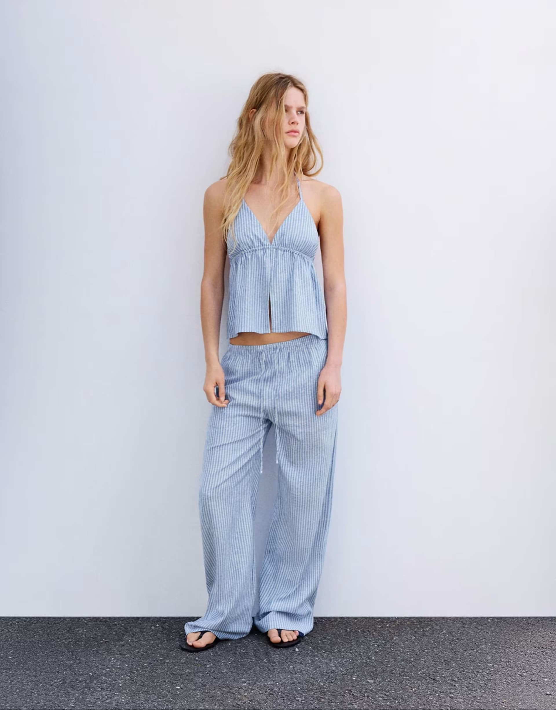 ASOS Pull&Bear Striped pyjama-style trousers with linen in blue