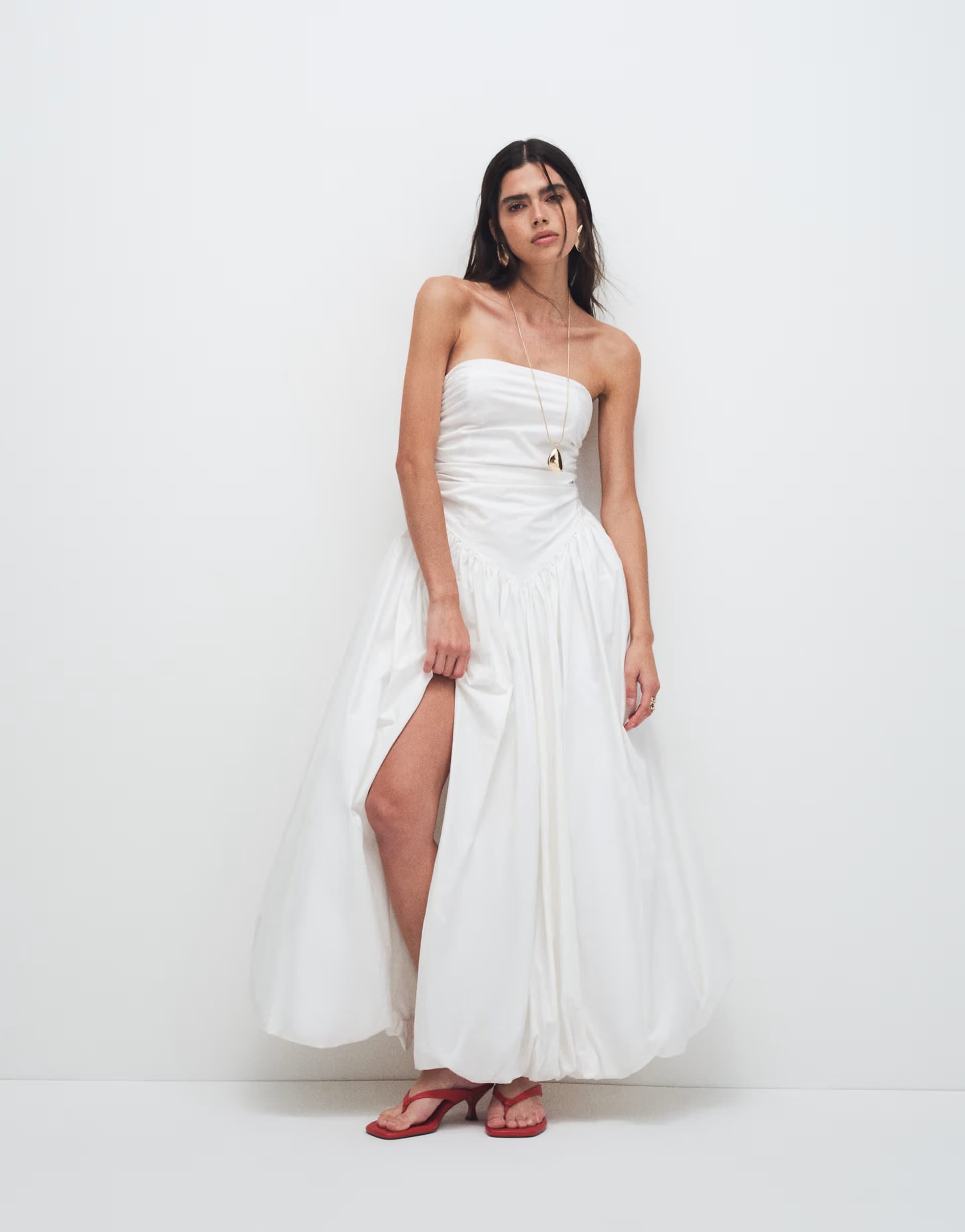 ASOS Kaiia exclusive bandeau volume puffball thigh split maxi dress in white