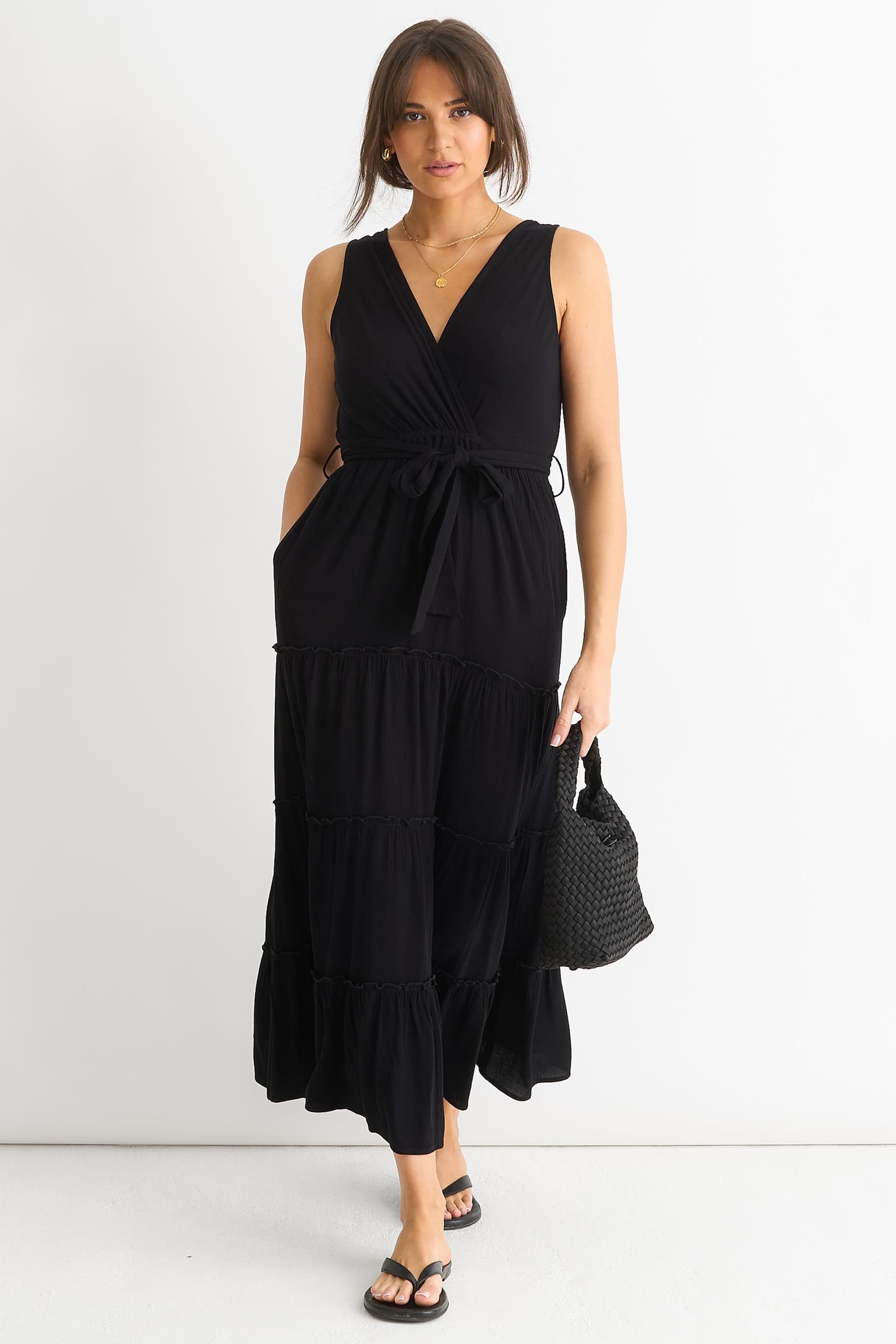 Gini London Gini London Women's Black Viscose Wrap Tiered Maxi Dress