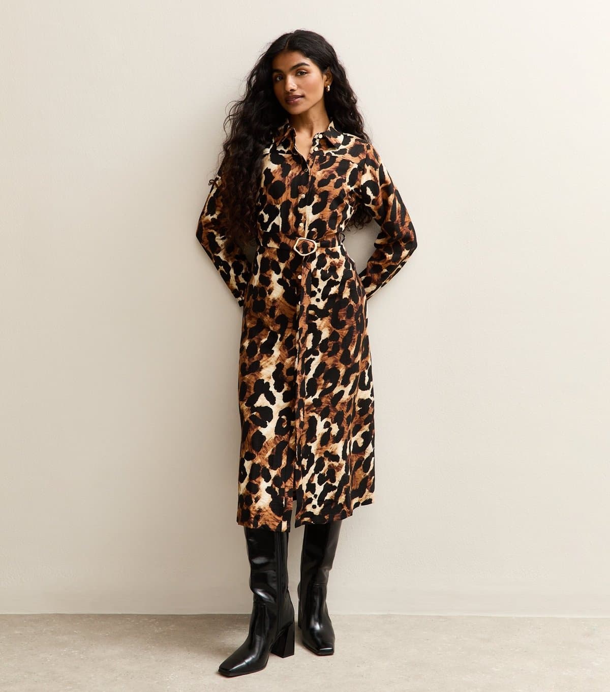 New Look Women's Petite Brown Animal Print Belted Shirt Midi Dress New Look